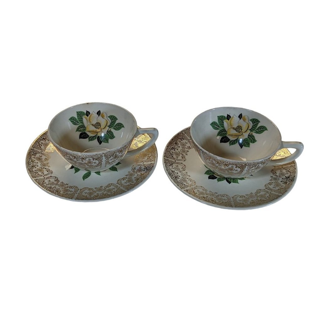 Vintage MCM Knowles China 52-11 Magnolia Gold Filigree Teacup & Saucer HTF 2